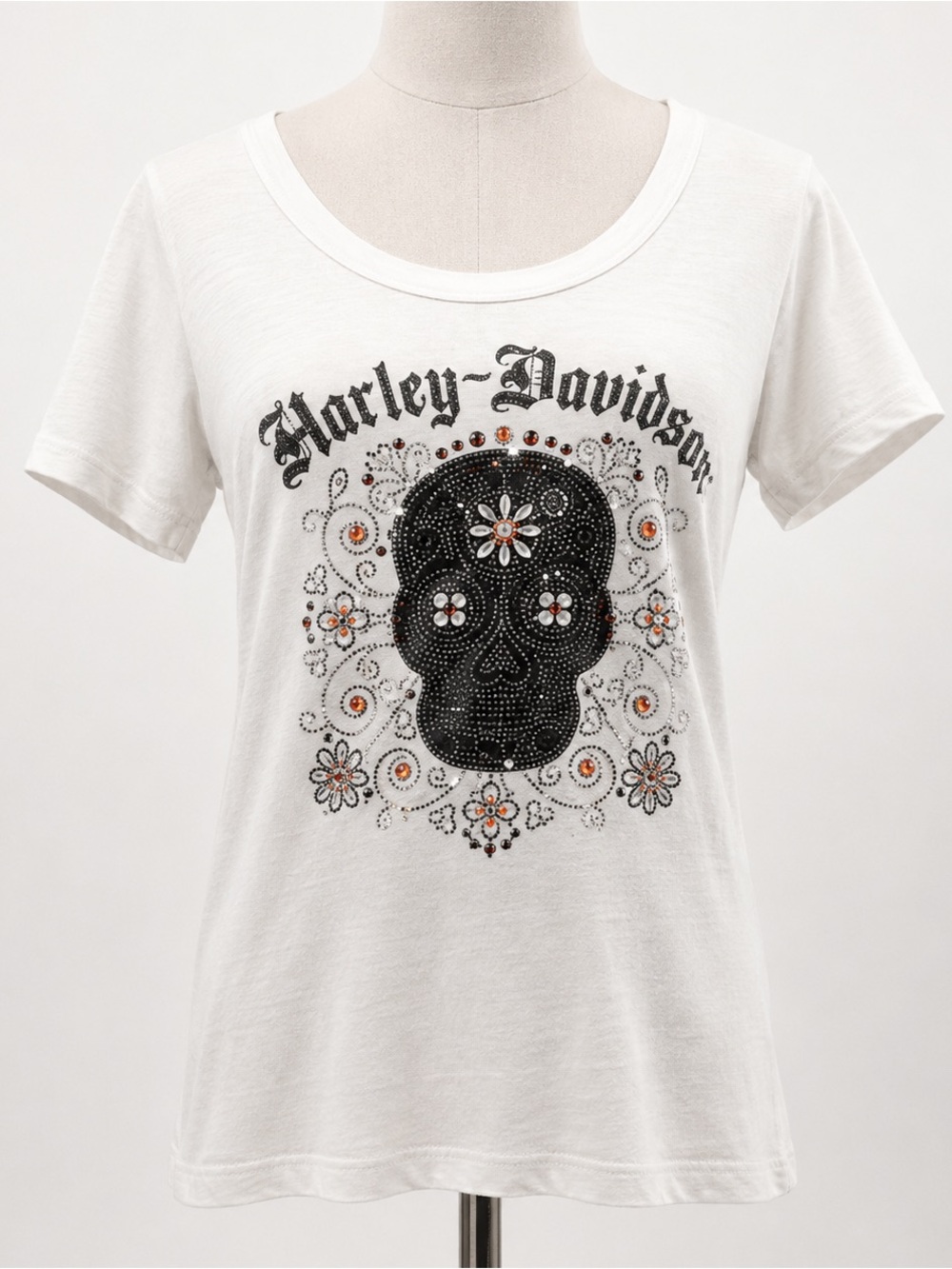 Harley Davidson White Jeweled Skull Scoop Neck Short Sleeve T-Shirt- L